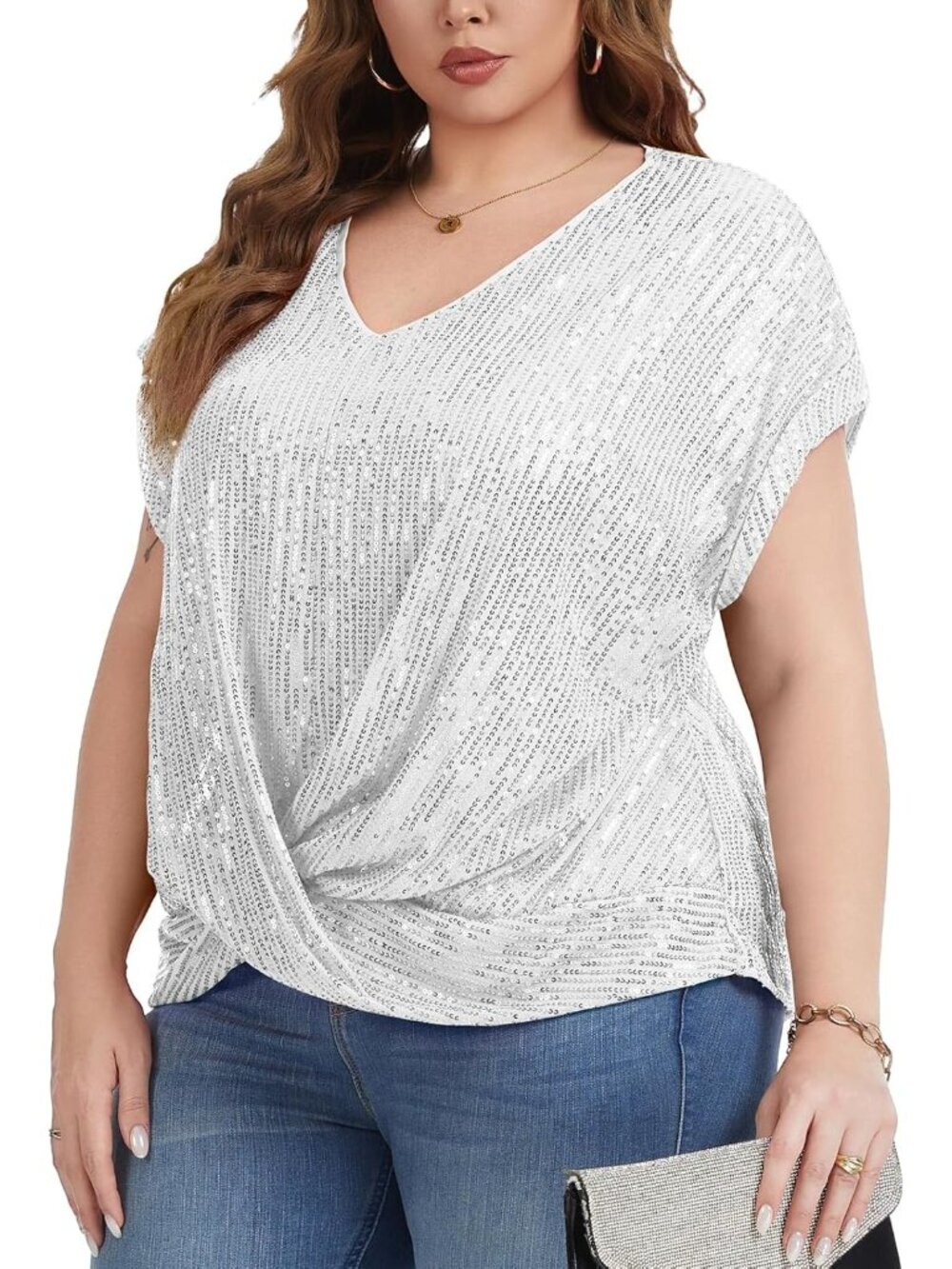 Women's Silver Sequin Top Short Batwing Sleeve V Neck Shirts Elegant Blouses - Picture 6 of 6
